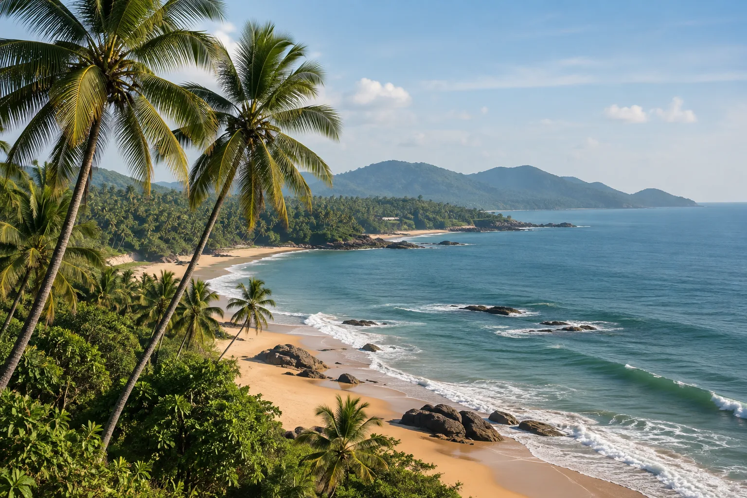 Illustrative coastal scene with coconut palms, a sandy shore and blue sea