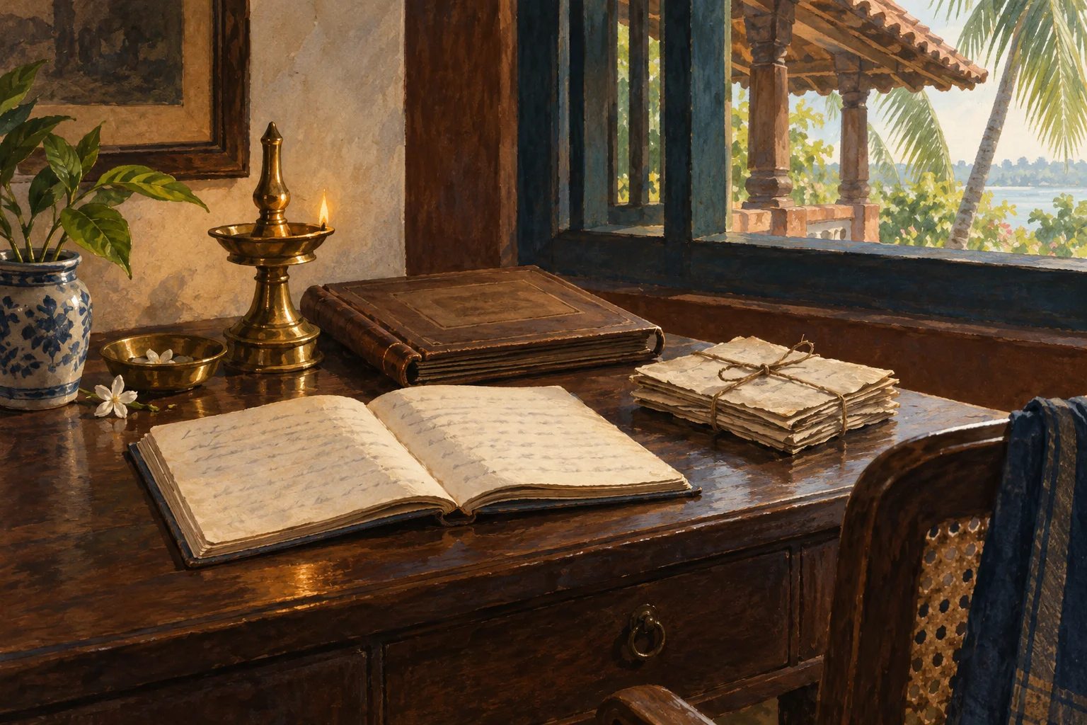 Illustration of notebooks and family letters in a coastal home