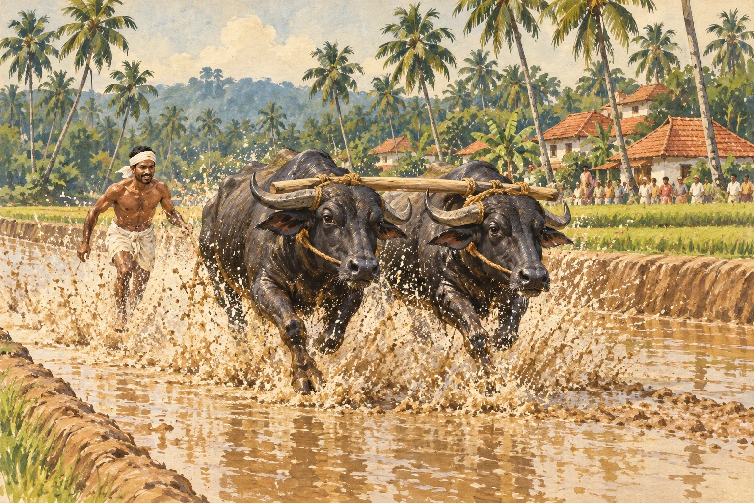 Painted pair of buffalo and a runner splashing through a Kambala race field